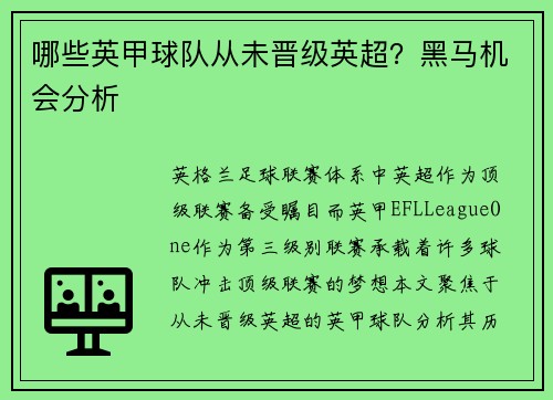 哪些英甲球队从未晋级英超？黑马机会分析